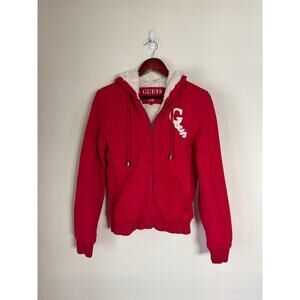 Rare Vintage Y2K Guess Red Faux Fur Sherpa Lined Zip Up Hoodie Sweatshirt Jacket